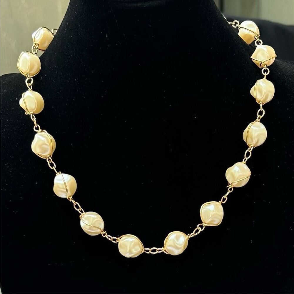 Vintage Faux Pearl Fashion Necklace 20” Gold-tone Adjustable Wire Wrapped